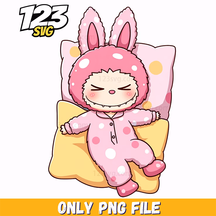 sleeping pink pajama labubu png, pink labubu pajamas, labubu pajama set