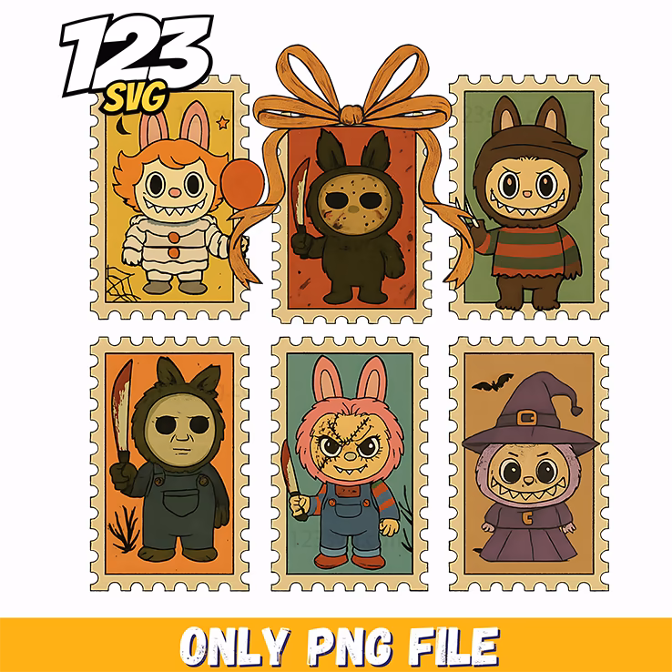 vintage halloween stamp labubu png, spooky halloween stamps, halloween stamp labubu clip