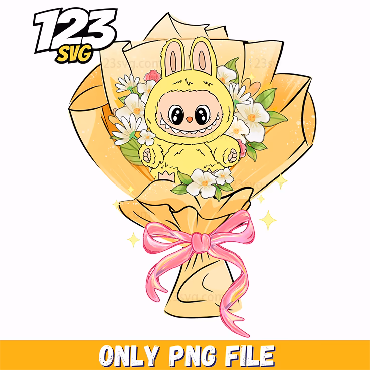 yellow floral bouquet labubu png, labubu floral bouquet png, labubu bouquet png clipart