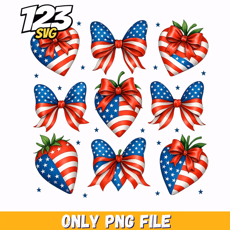 patriotic strawberries ribbon bows elements png, red white blue patriotic elements, patriotic elements for crafts