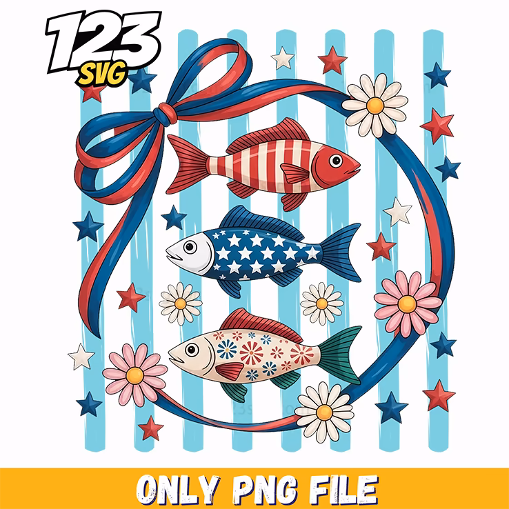 patriotic fish striped gingham pattern png, 4th july svg, funny png