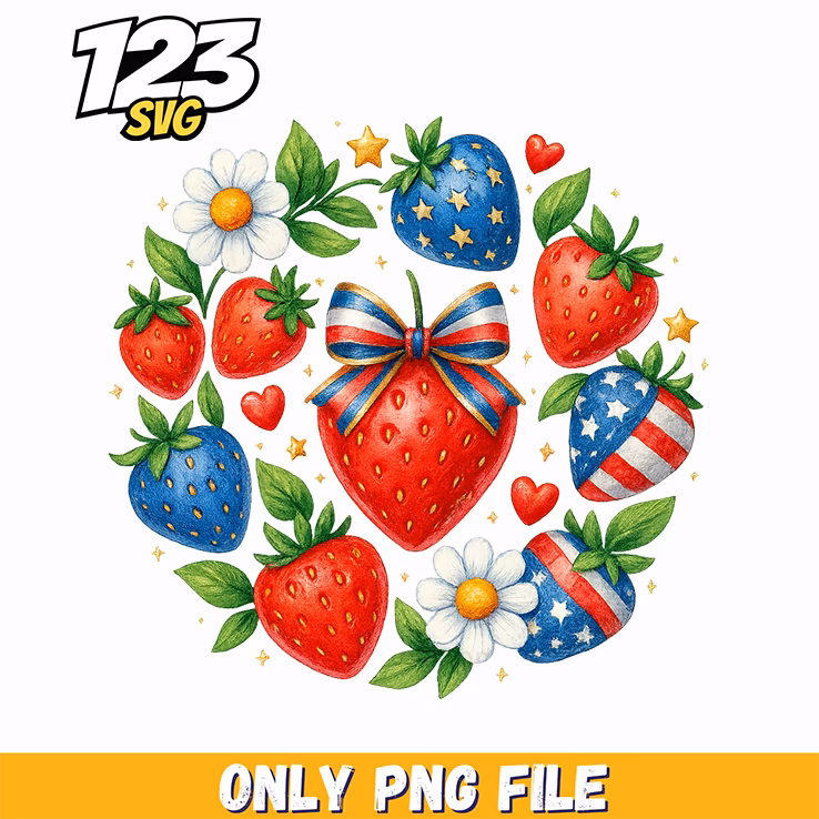 patriotic strawberry wreath png, red white and blue strawberry wreath, strawberry wreath patriotic summer decoration