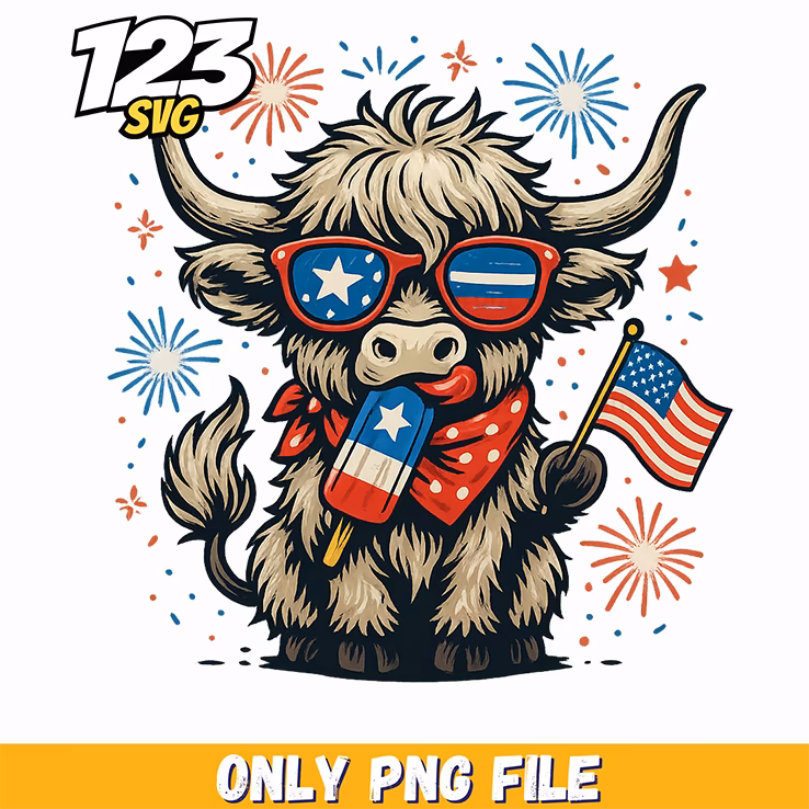 patriotic highland cow png, patriotic highland cow png digital download, patriotic highland cow png merica design