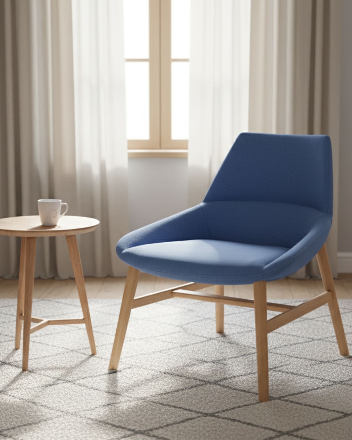 Curved upholstered armchair with wooden legs