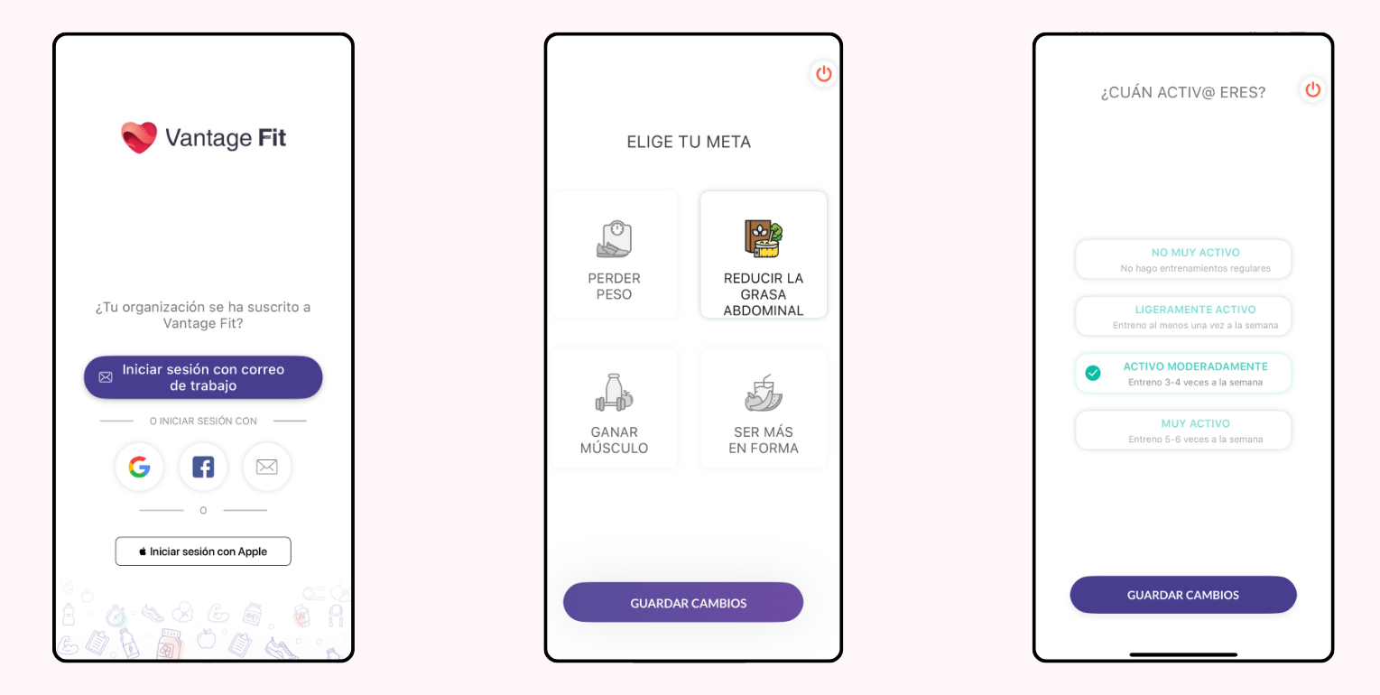 Pantalla de inicio de sesión de Vantage Fit