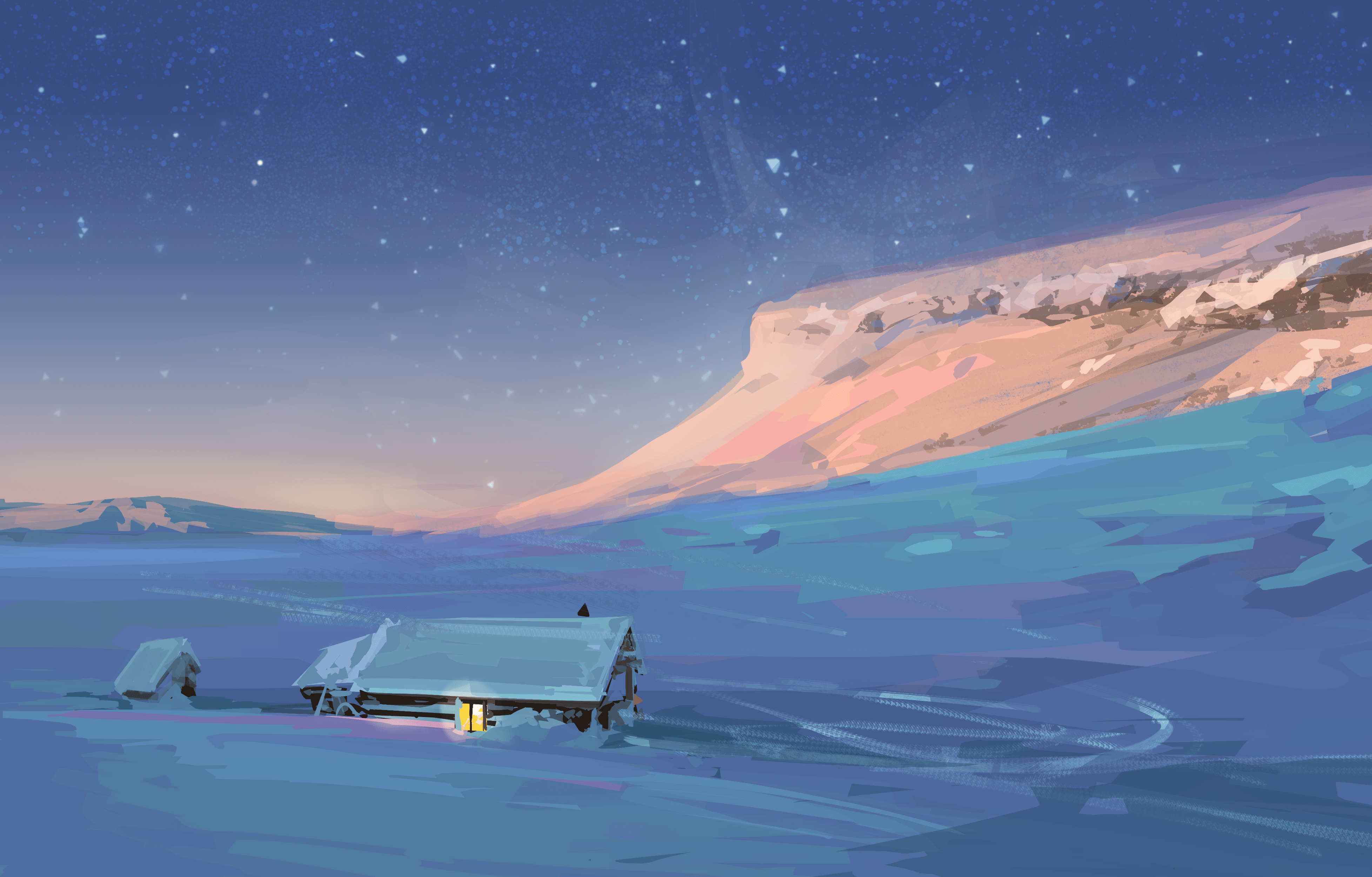 snowy mountain tiny house light  morning stars