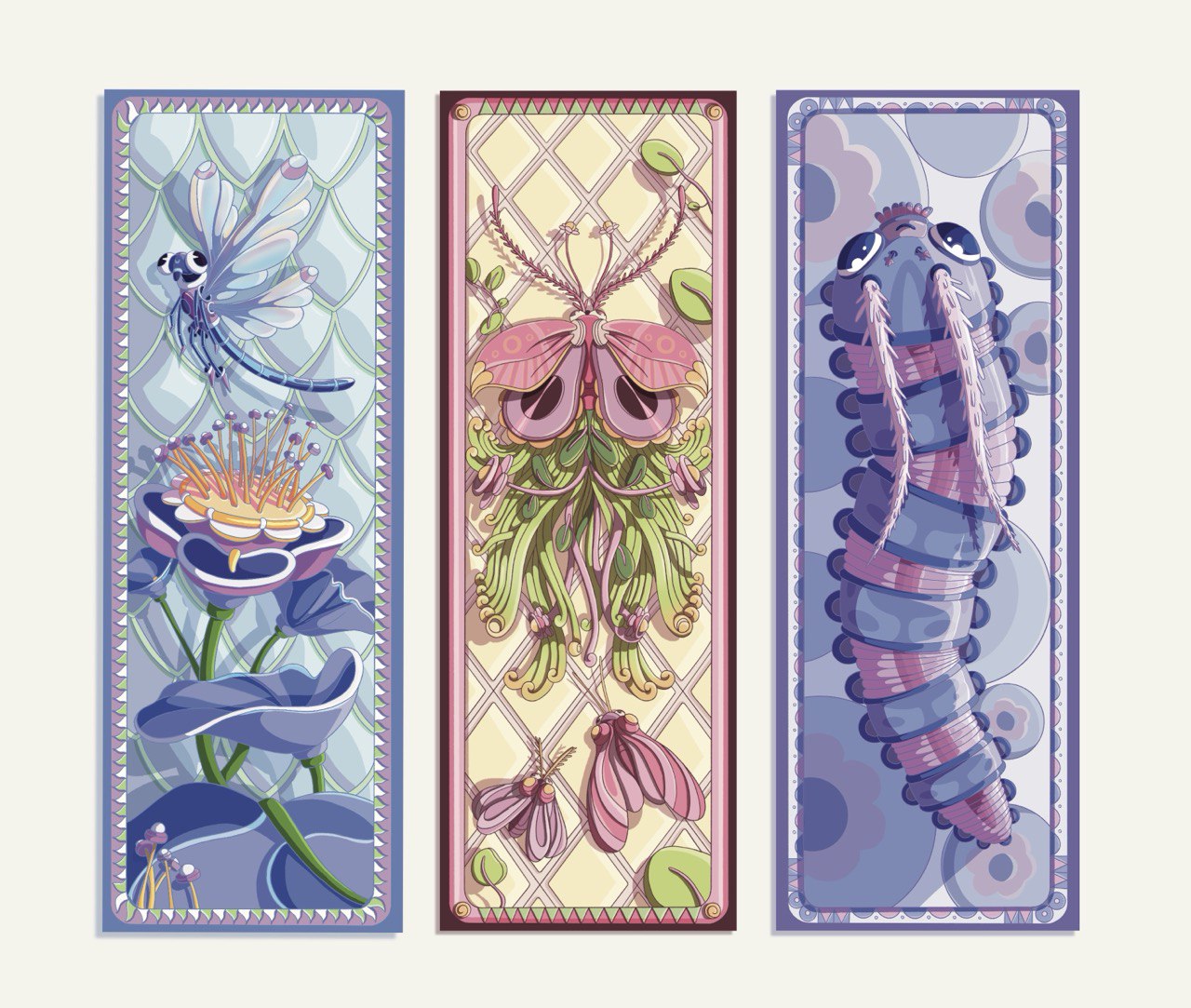 Bookmarks series highlighting summer season artefacts such as dragonfly, butterfly and worm