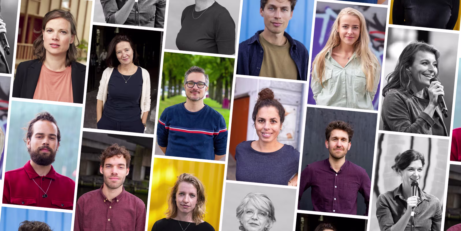 Een collage van portretfoto's van diverse medewerkers van Kennisland, zowel in kleur als zwart-wit.