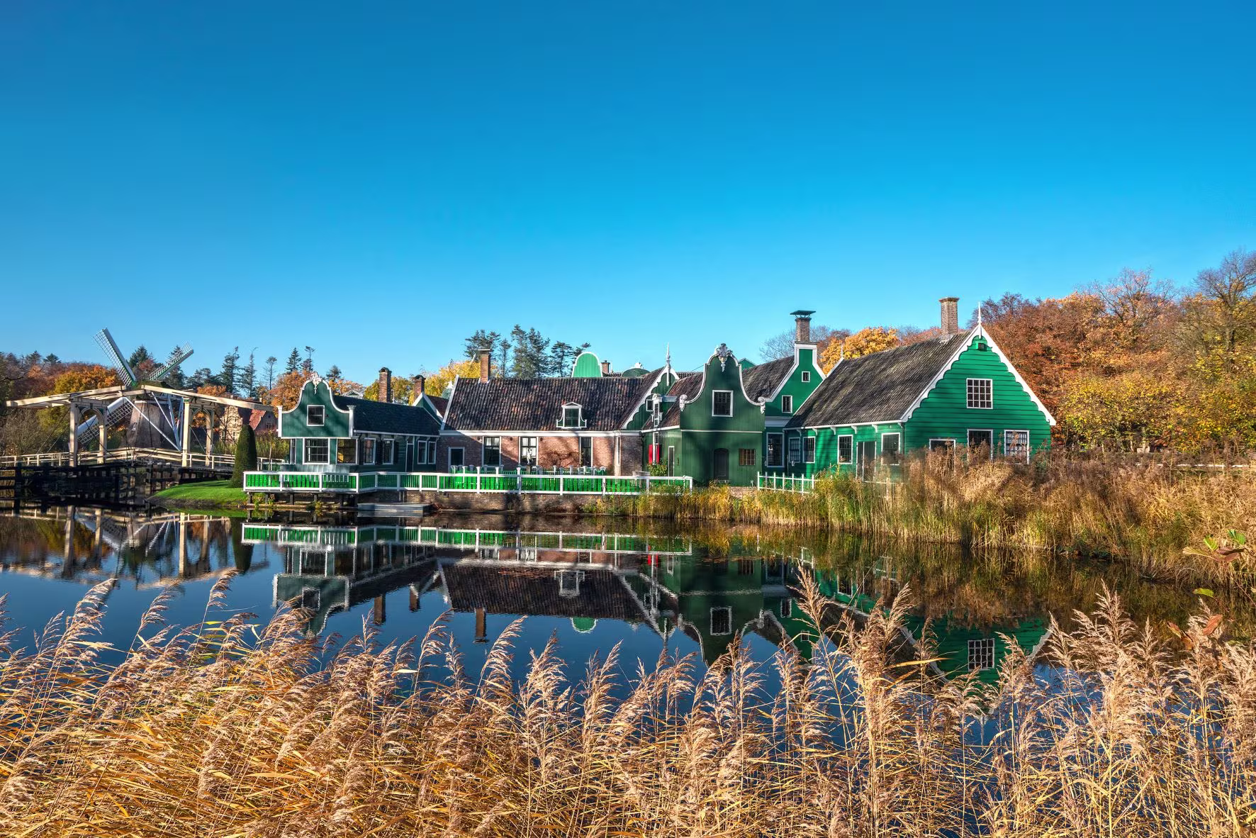 Traditionele groene Nederlandse huizen weerspiegeld in water, met een windmolen en herfstbomen op de achtergrond.