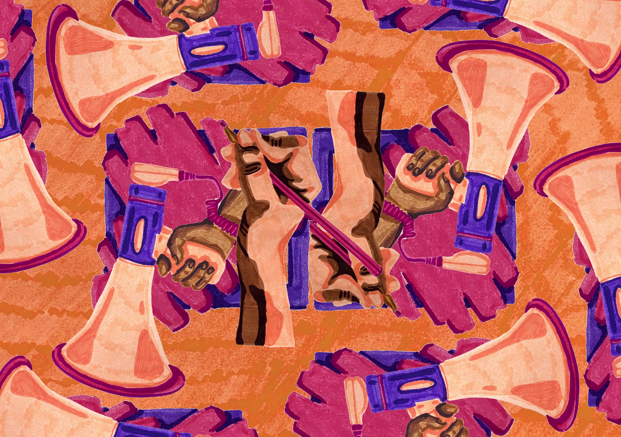Illustratie van handen die megafoons en protestborden vasthouden in oranje, roze en paarse kleuren als symbool voor media en democratie.