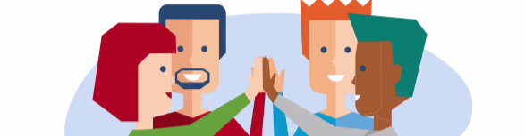 Diverse groep van vijf mensen die hun handen samenbrengen in een high-five gebaar, symboliseert teamwork en samenwerking.