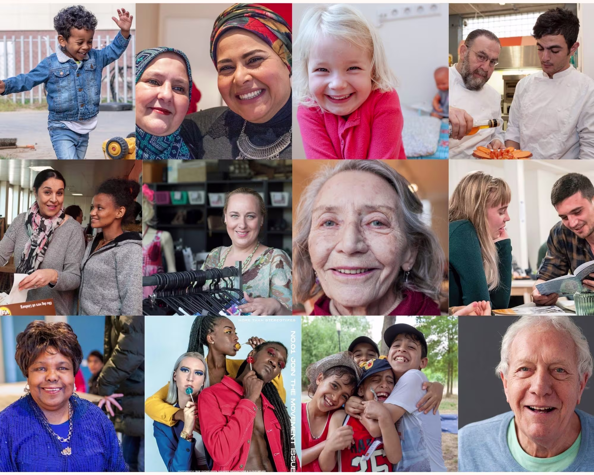 Collage van diverse mensen van verschillende leeftijden die lachen en samenwerken in zorg- en welzijnssituaties.