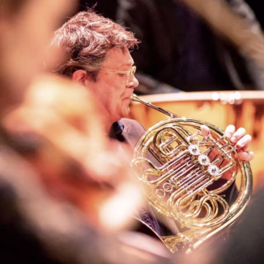 Een muzikant speelt hoorn tijdens een orkestuitvoering, gefocust op zijn instrument met andere musici op de achtergrond.