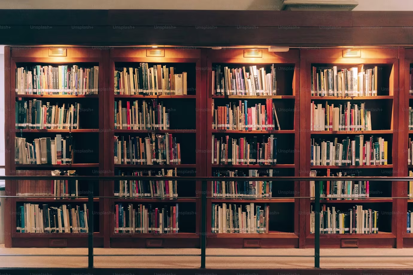 Houten bibliotheekkasten vol met boeken, verlicht door warme lampen in een gezellige leesruimte.
