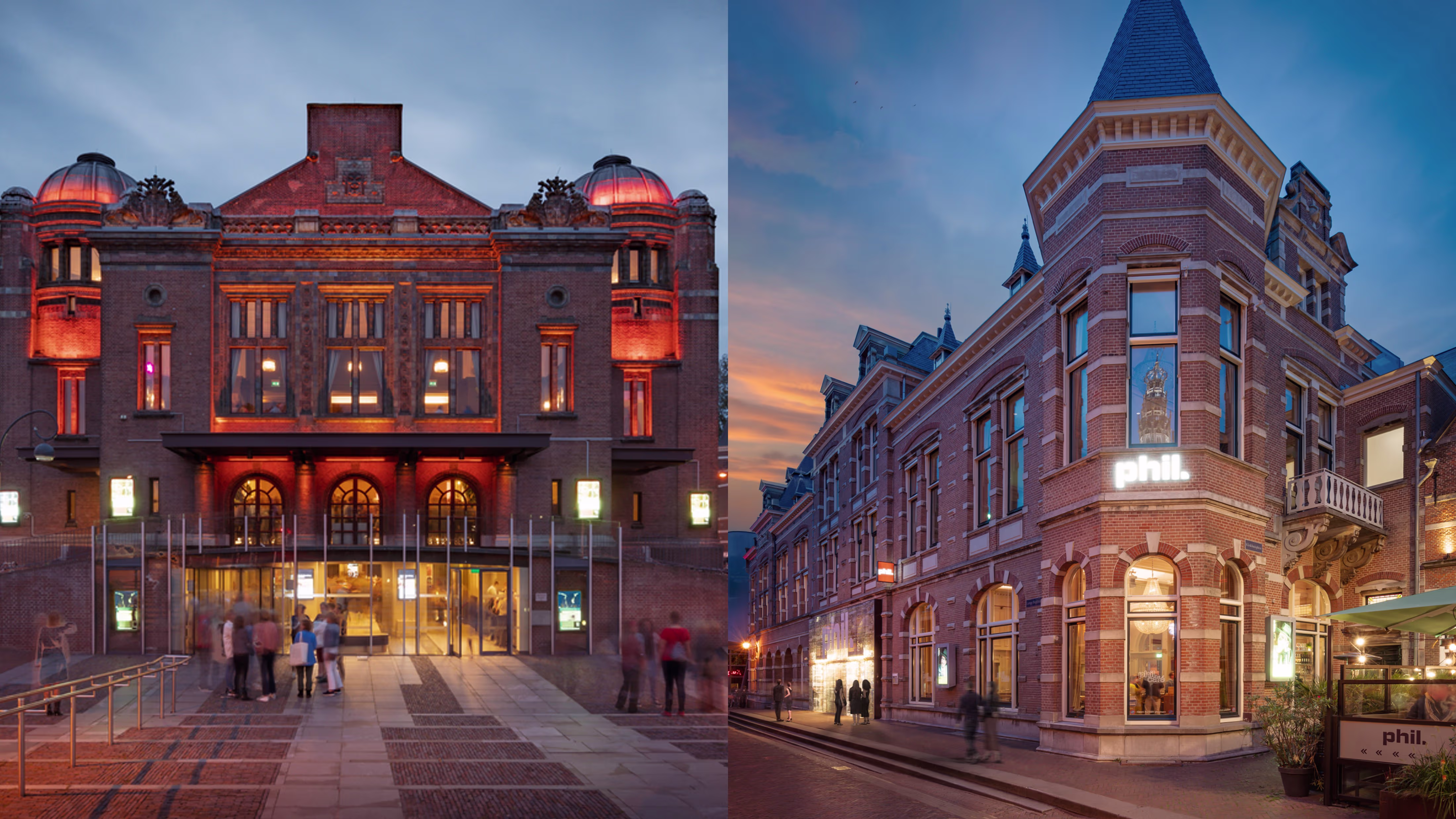 Two illuminated historic buildings—the Stadsschouwburg and PHIL Haarlem—at dusk, with visitors in front of them.