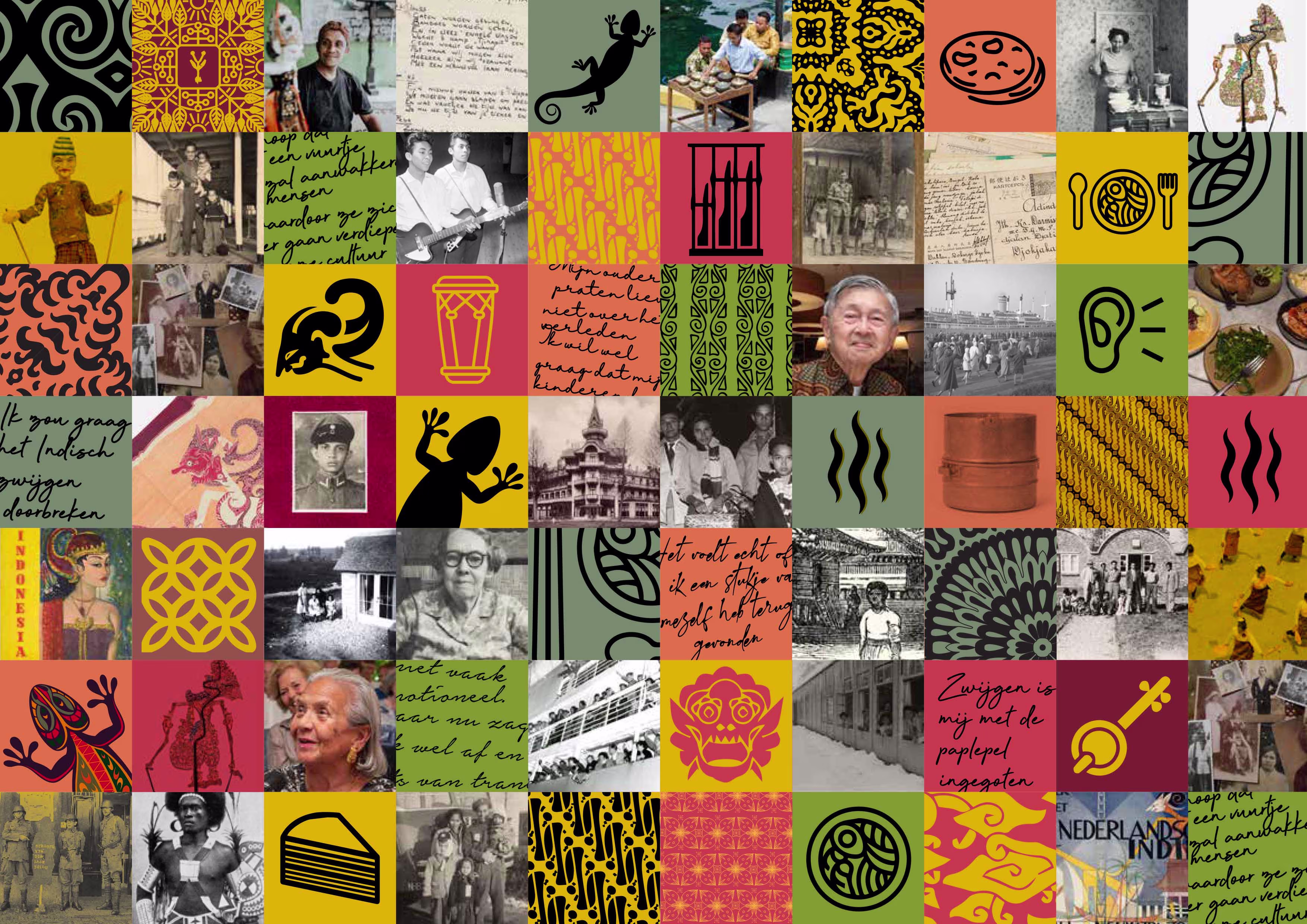 Kleurrijke collage met historische foto's, Nederlandse teksten, symbolen en patronen die diversiteit en erfgoed uitbeelden.