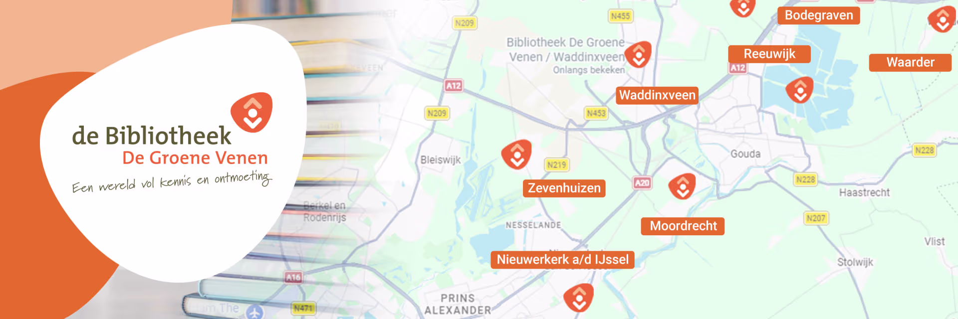 Een kaart met locaties van De Bibliotheek De Groene Venen, met het logo en de tekst 