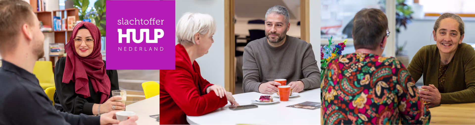 Staff members from Victim Support Netherlands chatting at tables, enjoying coffee in a warm, supportive atmosphere.