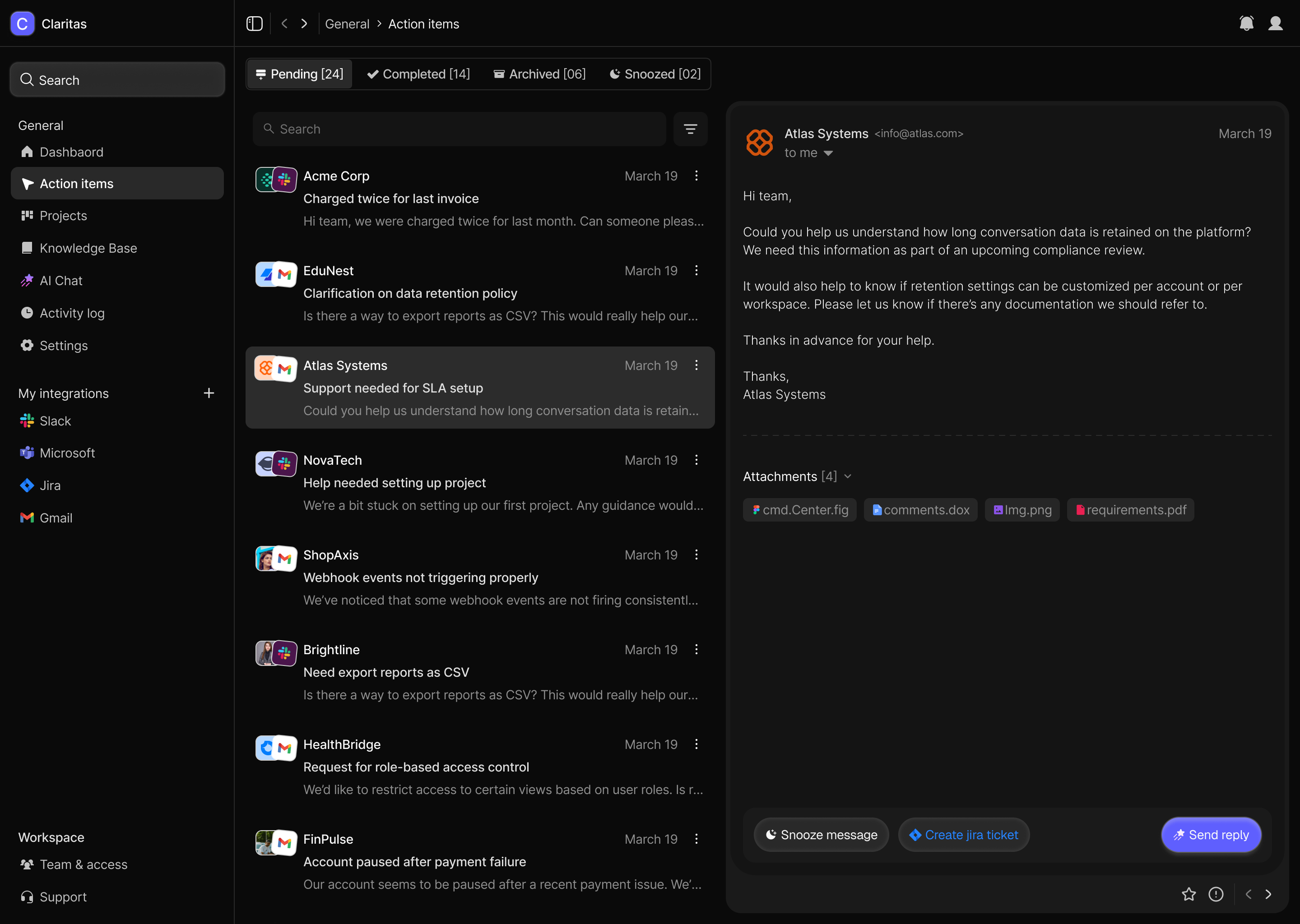 Claritas — Action items dashboard