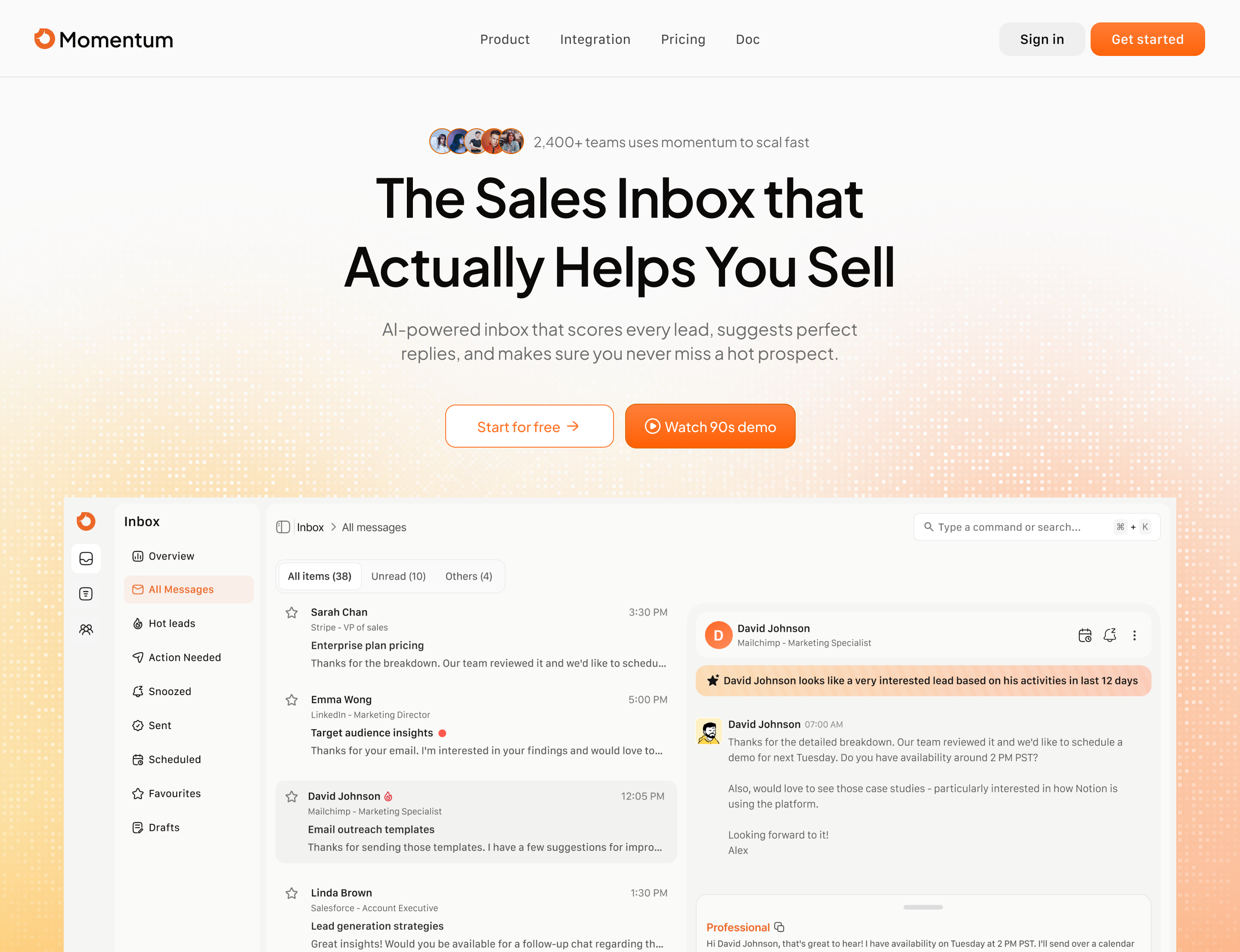 Momentum — Sales inbox landing page