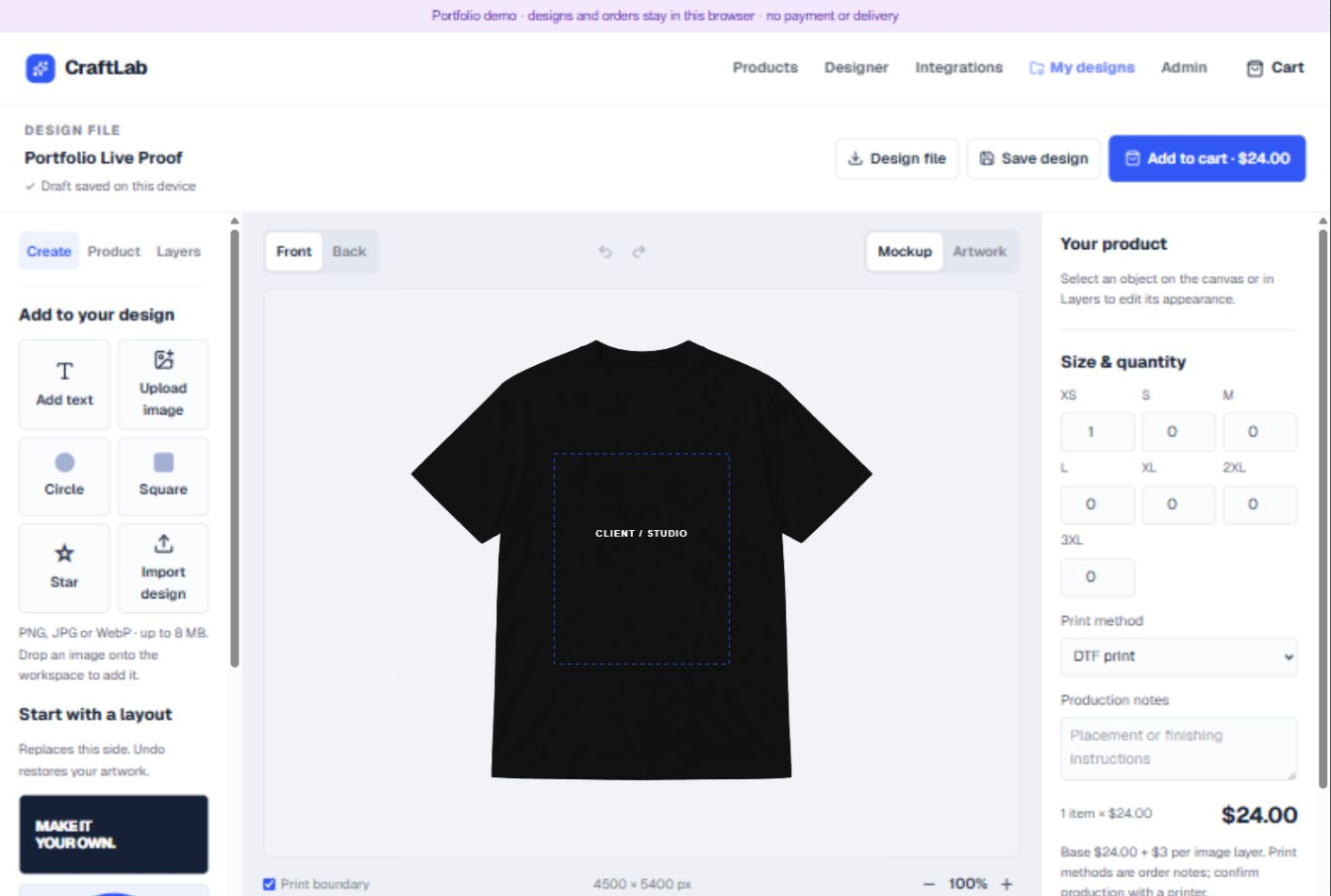 CraftLab product designer with a shirt preview, artwork tools and size quantities