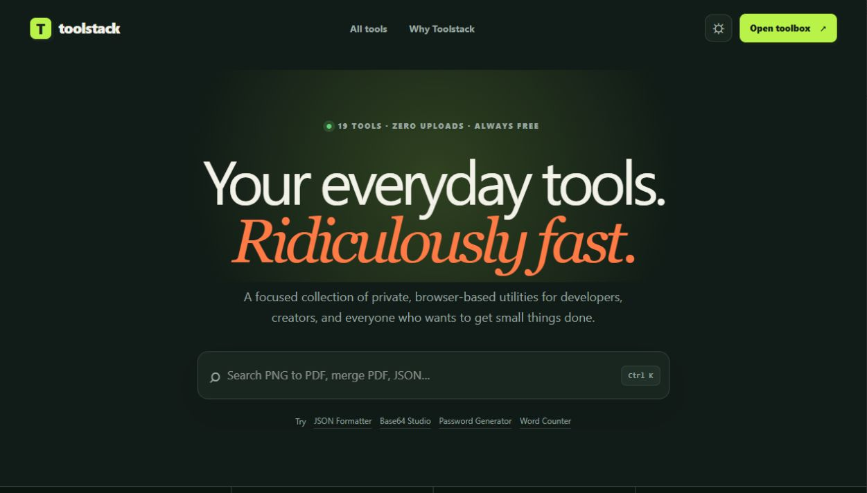 Toolstack website with its utility search and tool collection