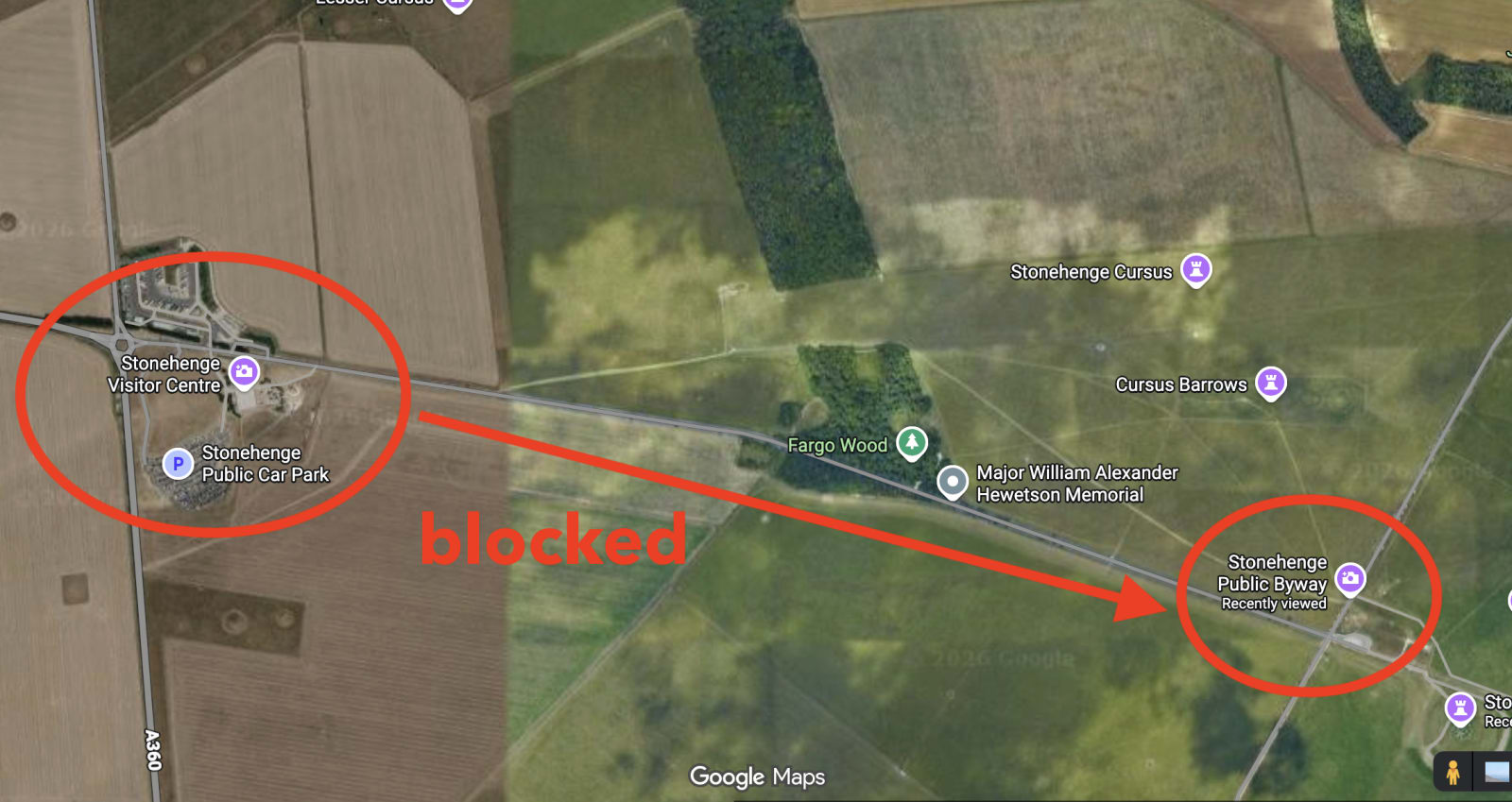 Map showing the blocked route from the Stonehenge Visitor Centre to the Stonehenge Public Byway