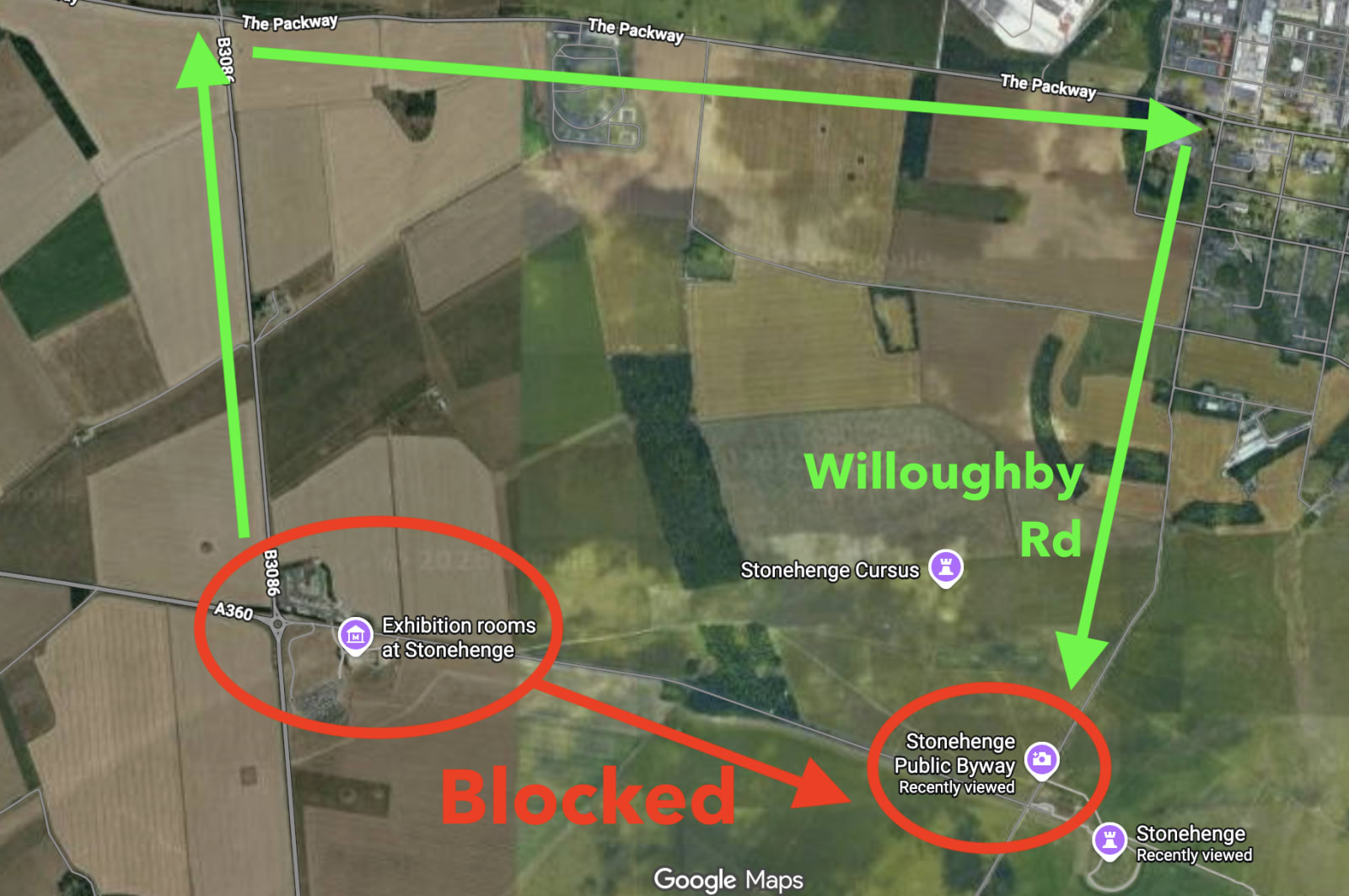Map showing the route north on the B3086, east along The Packway, then south down Willoughby Road to the Stonehenge Public Byway