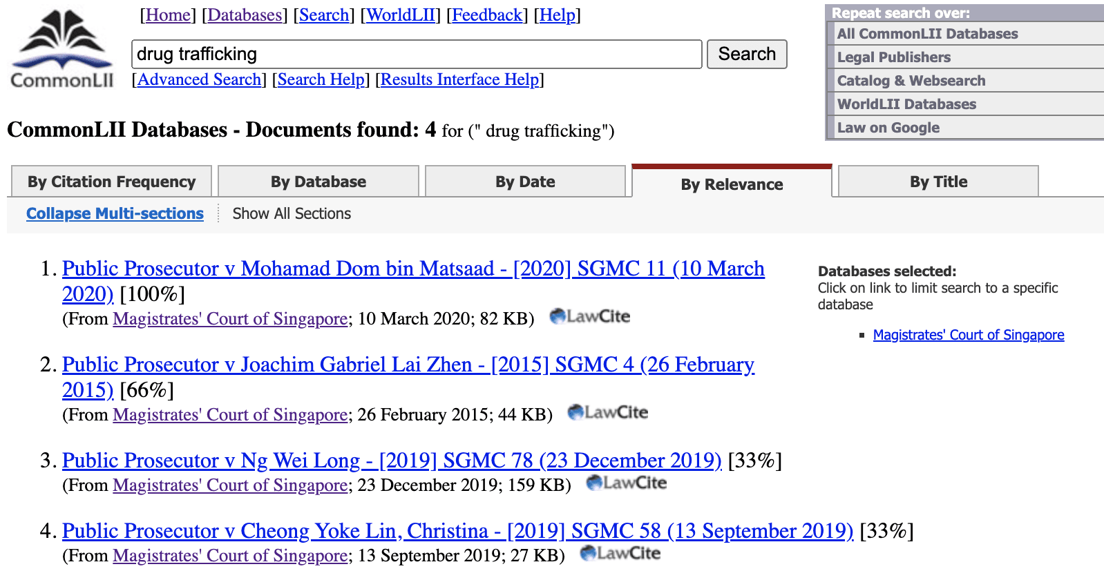 Screenshot of search results for the term &ldquo;drug trafficking&rdquo; in the CommonLII Singapore Magistrate&rsquo;s Court database