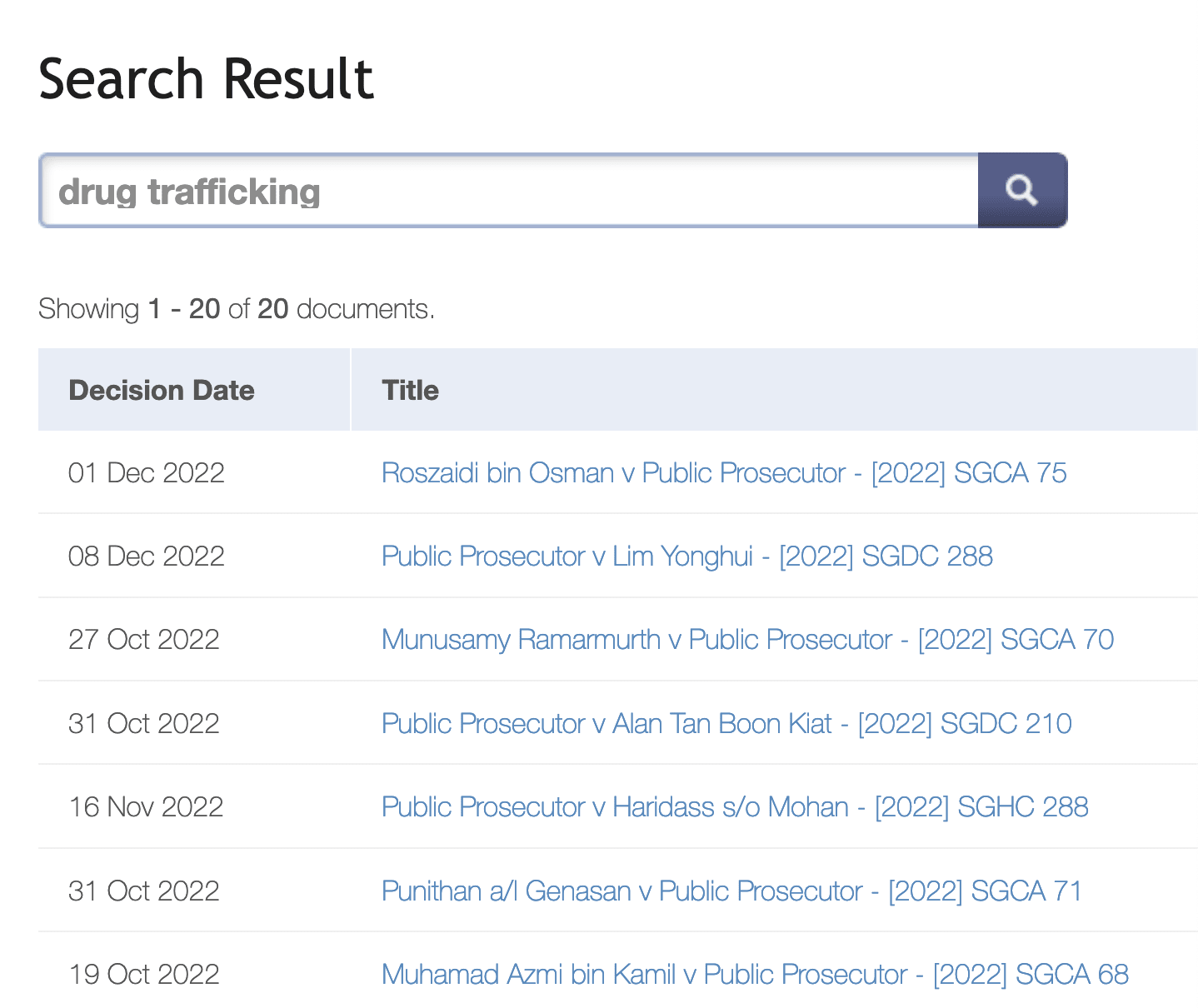 Screenshot of Lawnet&rsquo;s Free Resources page search results for the keyword &ldquo;drug trafficking&rdquo;