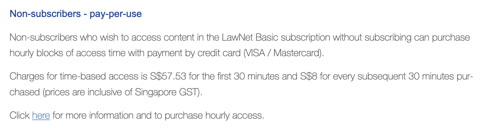 Screenshot of Lawnet&rsquo;s pay-per-use rates. It costs SGD57.53 for the first 30 minutes.