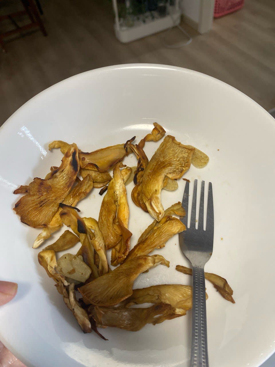 Fried pink oyster mushrooms