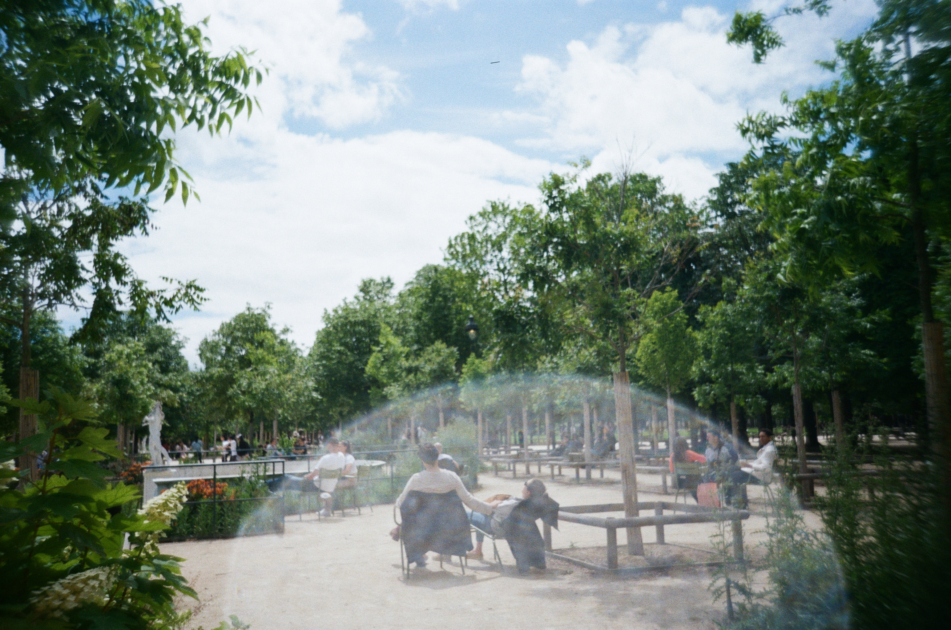 People relaxing on chairs in the Jardin des Tuileries, flanked by lots of trees