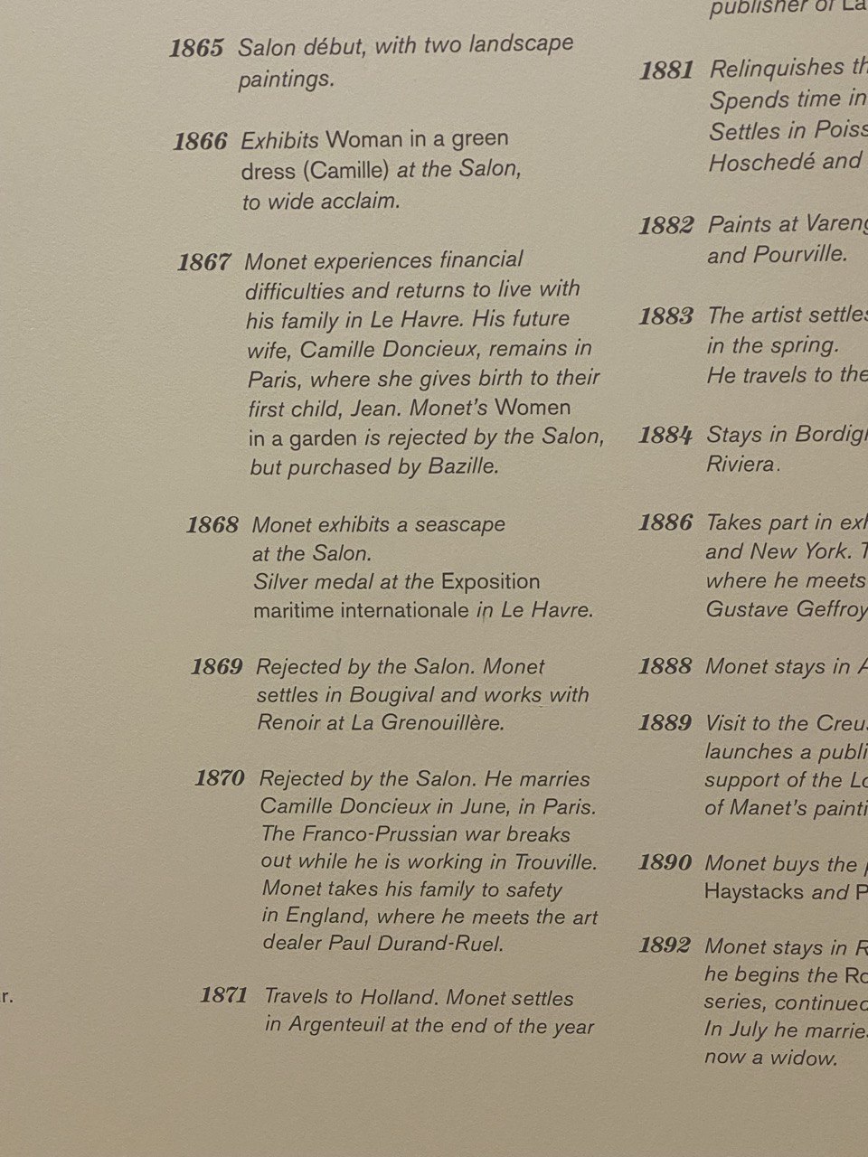 Timeline of Monet&rsquo;s life, detailing years 1865 to 1871