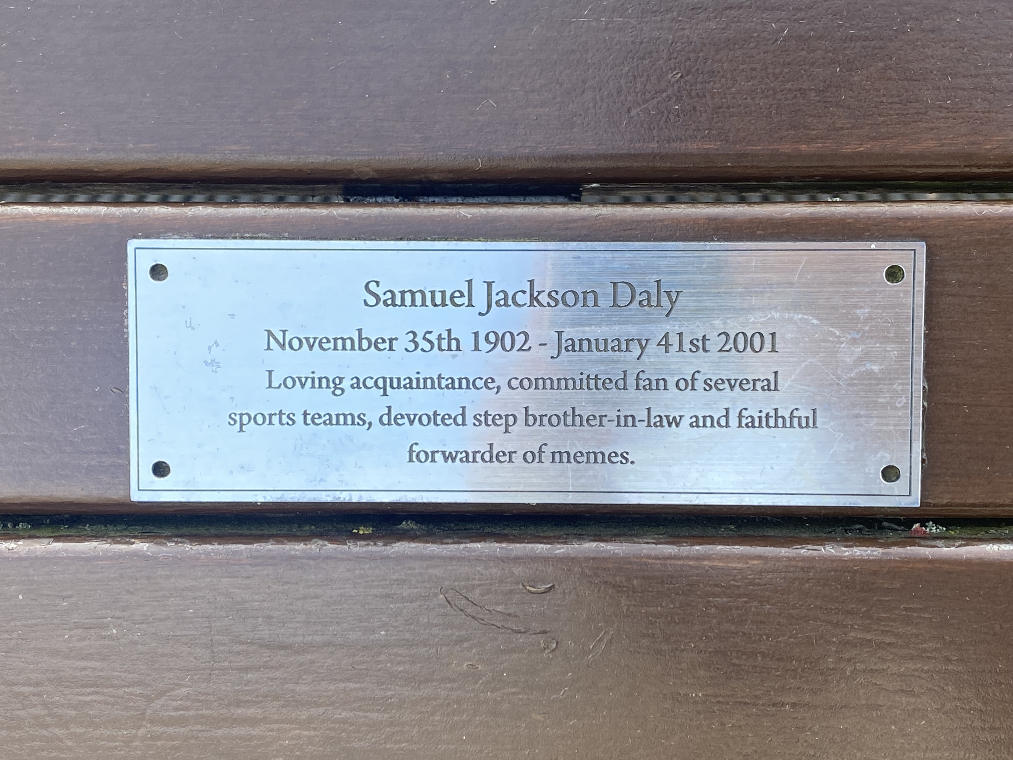 Bench with a dedicated inscription that reads: &ldquo;Samuel Jackson Daly. November 35th 1902 - January 41st 2001. Loving acquaintance, committed fan of several sports teams, devoted step brother-in-law and faithful forwarder of memes.&rdquo;