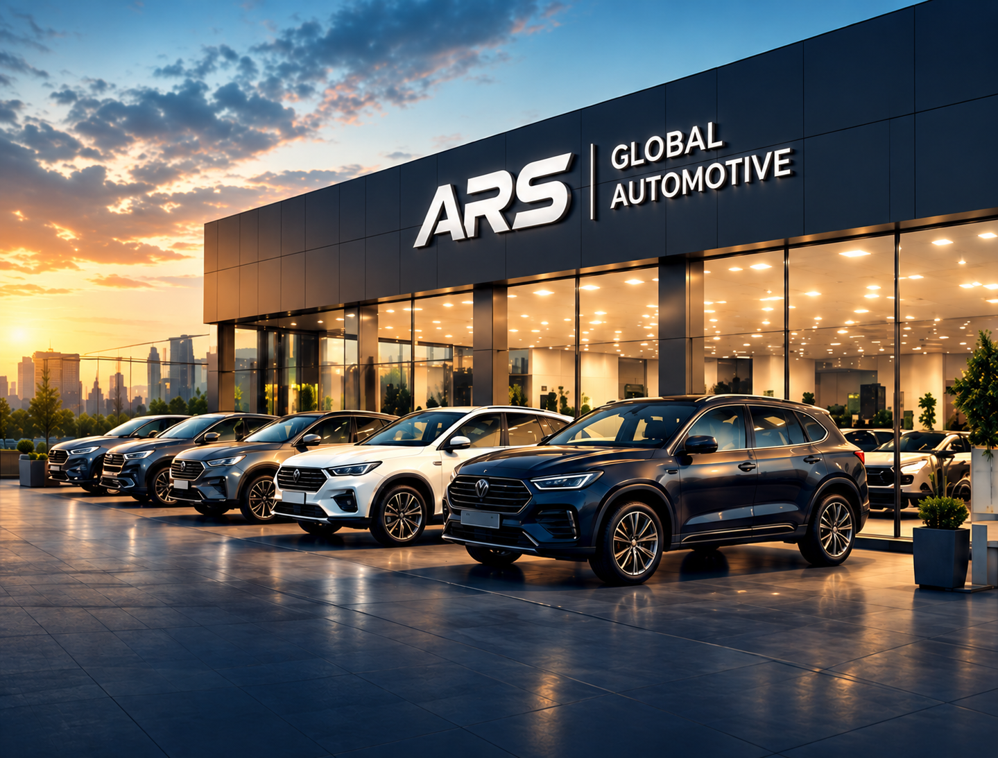 ARS Global Automotive luxury passenger car showroom at sunset