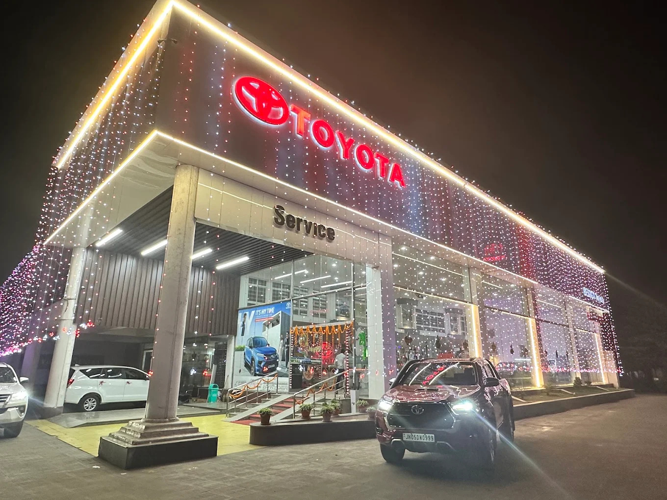 Grand front entrance of authorized Toyota dealership