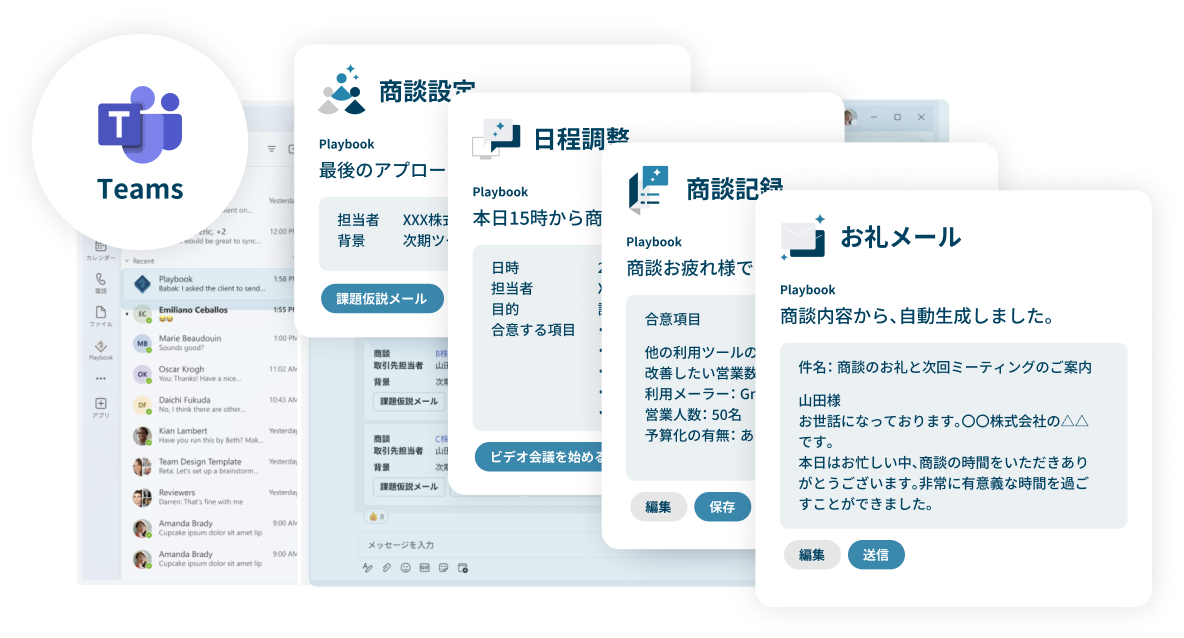 Microsoft Teams内で商談設定、日程調整、商談記録、お礼メールを操作するPlaybook画面