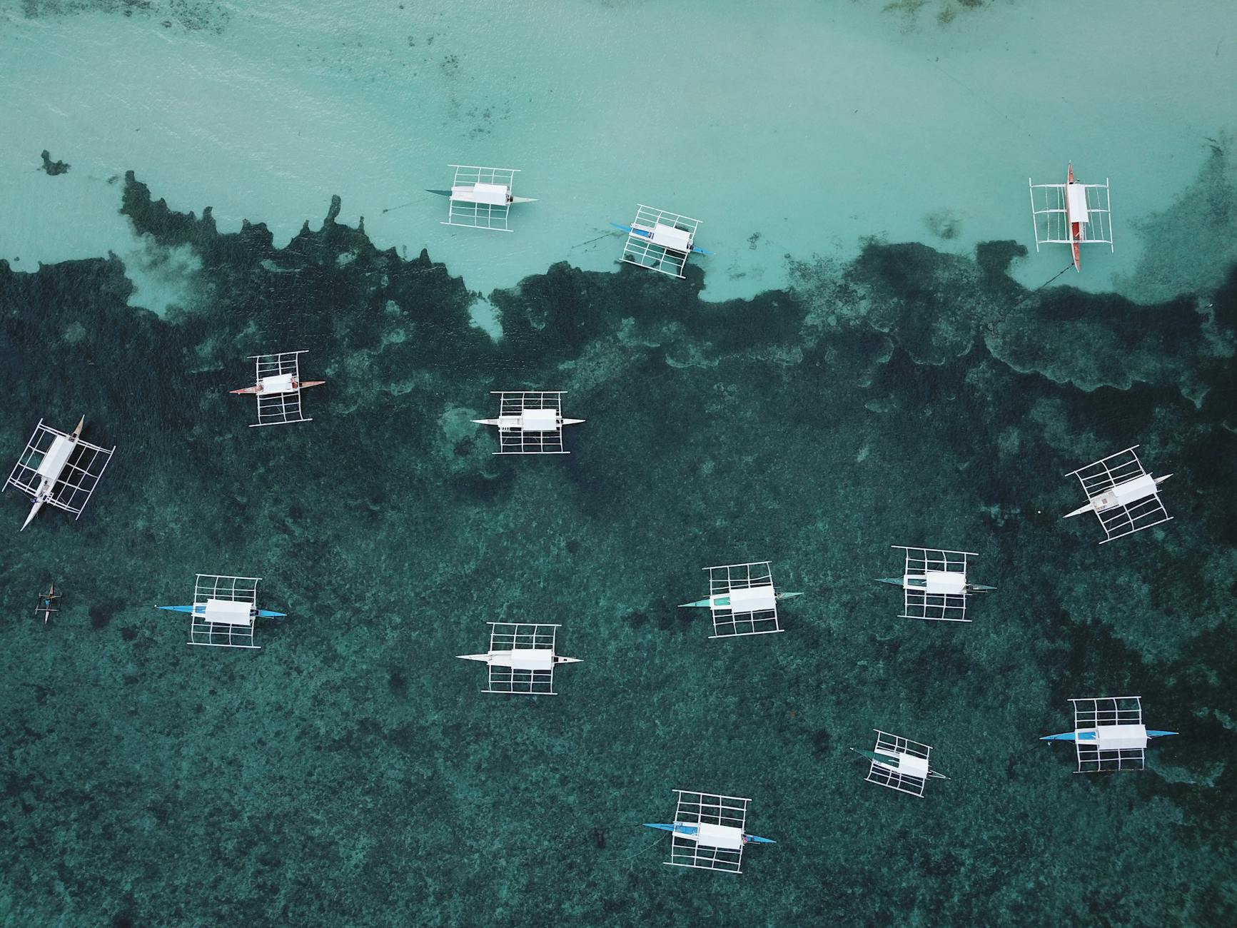 Aerial shot of traditional outrigger boats on clear turquoise waters in Central Visayas, Philippines.