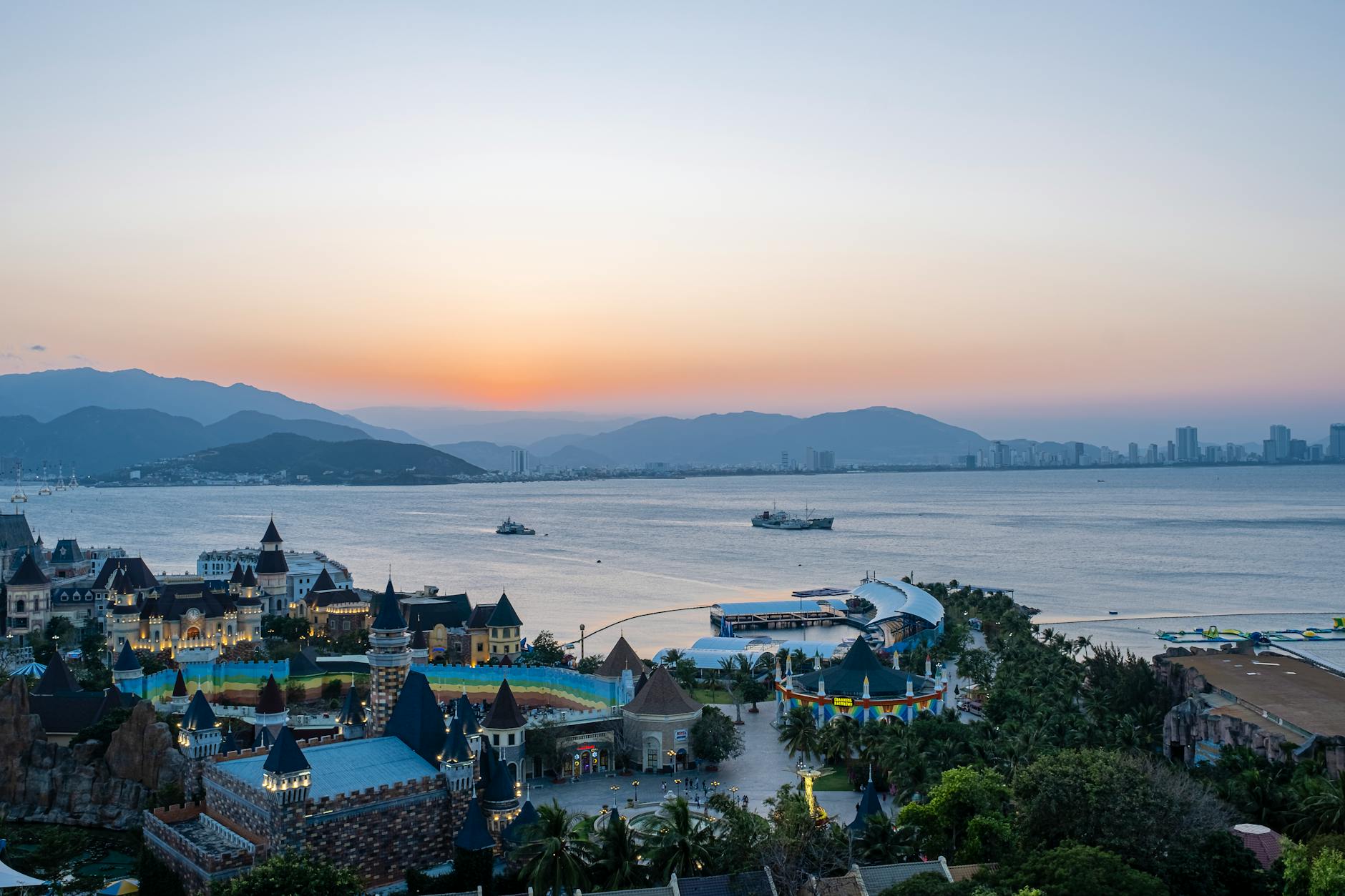 Beautiful sunset view over VinWonders park and sea in Nha Trang, Vietnam.