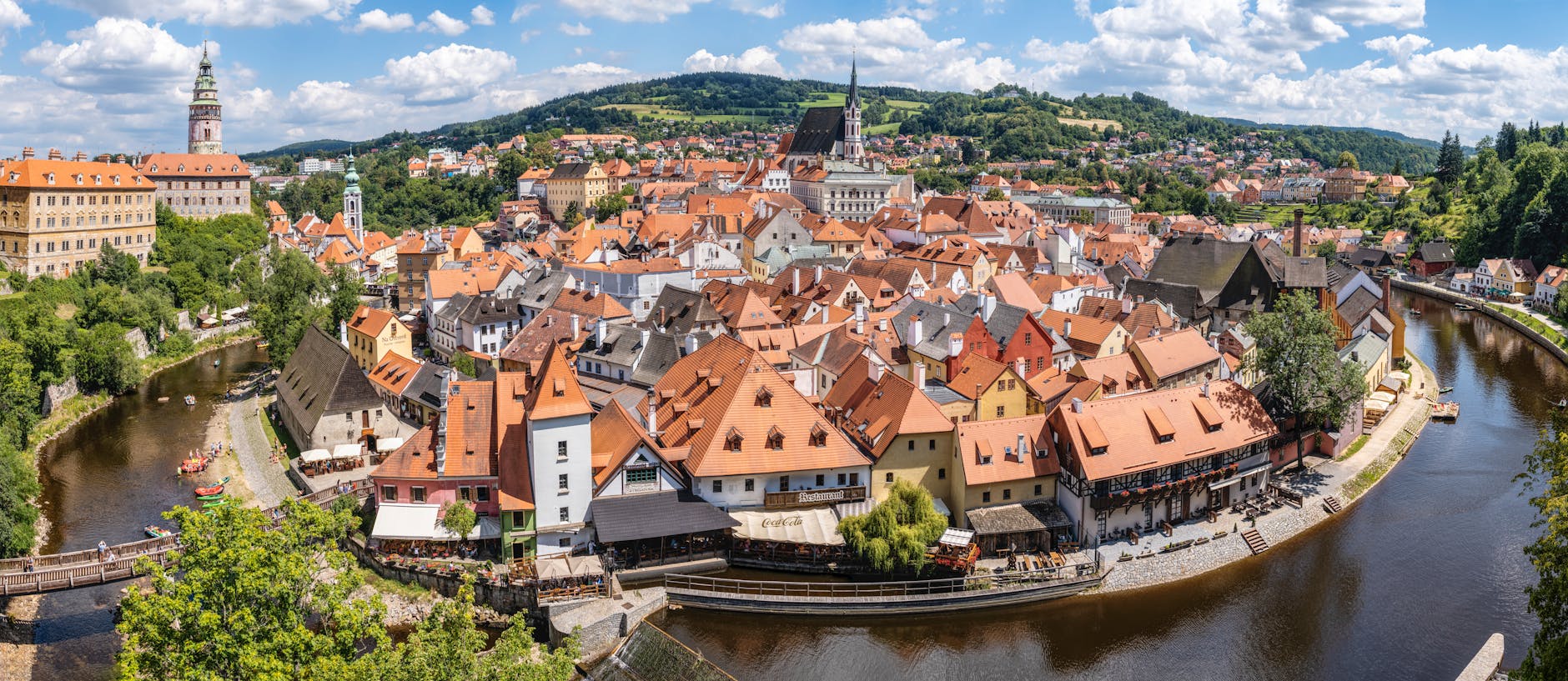 Aerial view of Český Krumlov with its iconic architecture and river coursing through the city.
