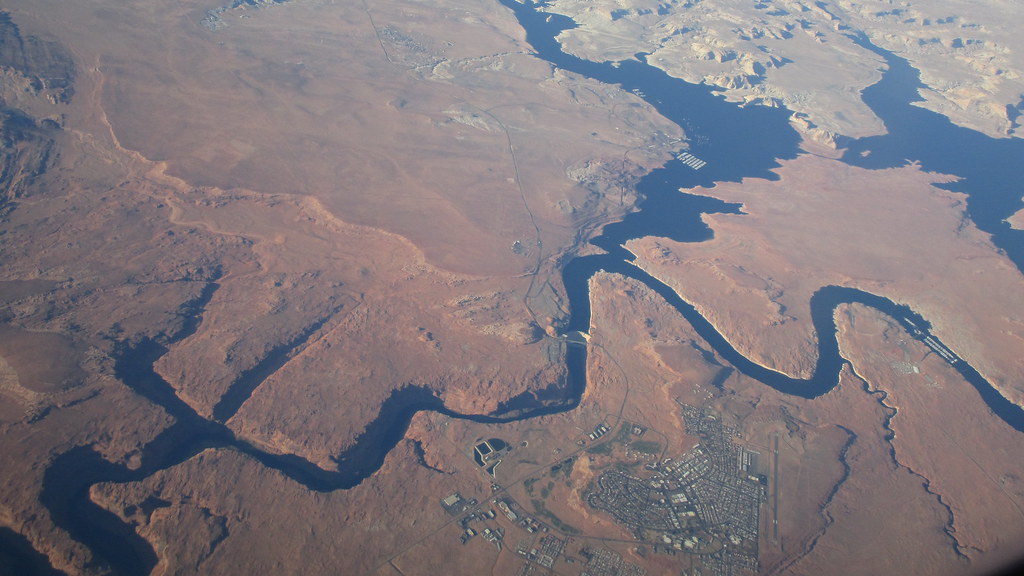 Arizona & Utah - Lake Powell: aerial view of Glen Canyon Dam (in the center of pic), Wahweap Marina (center top), the town of Page (center down) and on the left Colorado River downstream towards Grand Canyon