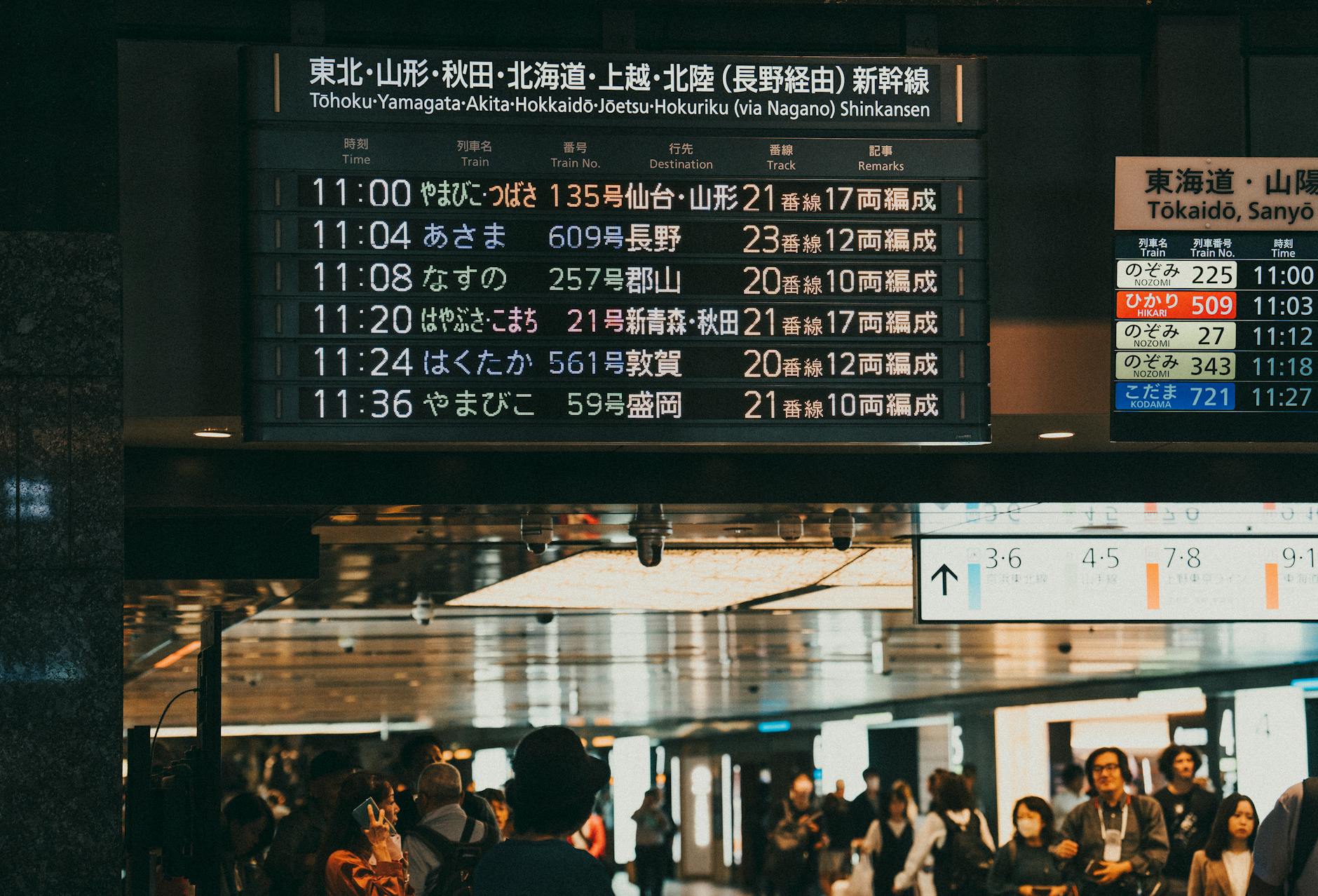 Busy train station in Japan with a digital departure board showing schedules.