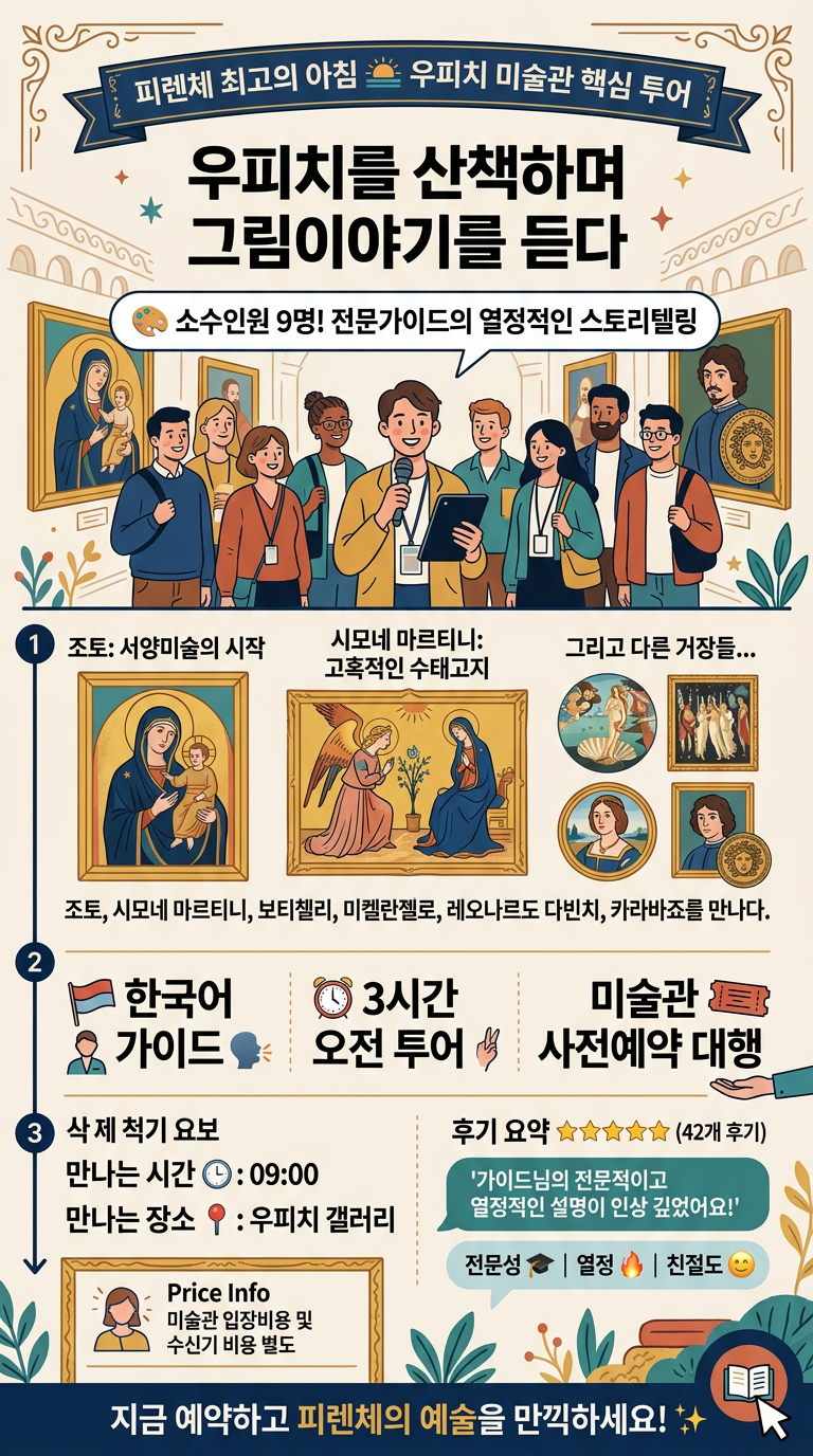 [피렌체]우피치미술관 오전핵심투어/소수인원9명/3시간/미술관전문가이드 투어 핵심 포인트