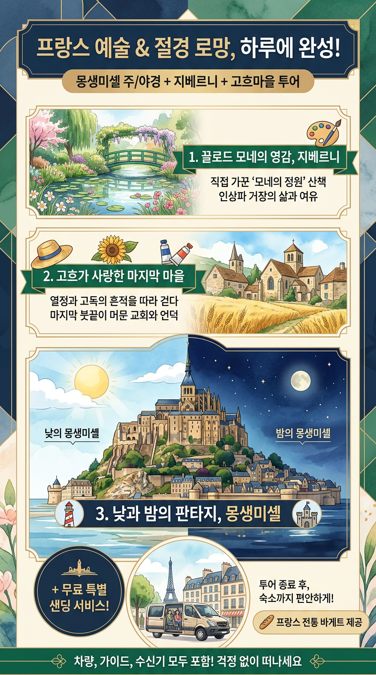 몽생미셸 주/야경+지베르니+고흐마을 [숙소무료샌딩] 투어 핵심 포인트