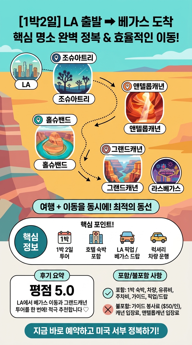 [1박2일/LA출발-베가스도착 숙박포함] 그랜드캐년/조슈아트리/앤텔롭/홀슈밴드 투어 핵심 포인트