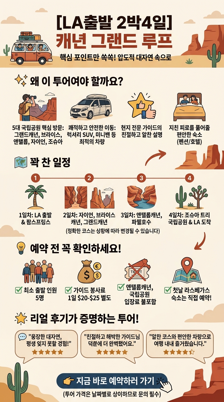[2박4일/LA출도착] 그랜드캐년 투어+브라이스캐년+조슈아+앤텔롭+자이언(펜션or호텔) 투어 핵심 포인트