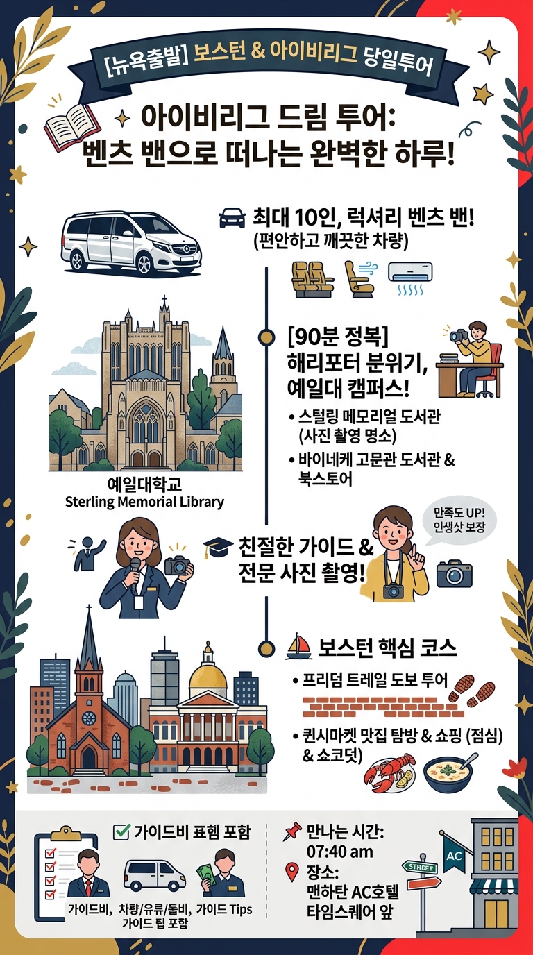 [뉴욕출발도착]보스톤그룹투어당일/아이비리그대학(최대10인)/벤츠럭셔리밴으로보스턴여행하기 투어 핵심 포인트