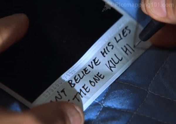 "Don't believe his lies.  He's the one.  KILL HIM," Leonard writes on the back of the polaroid for Teddy.
