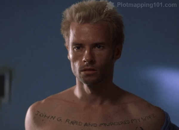 Leonard stares at his tattoo in the mirror, which when reversed by the reflection reads 'JOHN G RAPED AND MURDERED MY WIFE'.